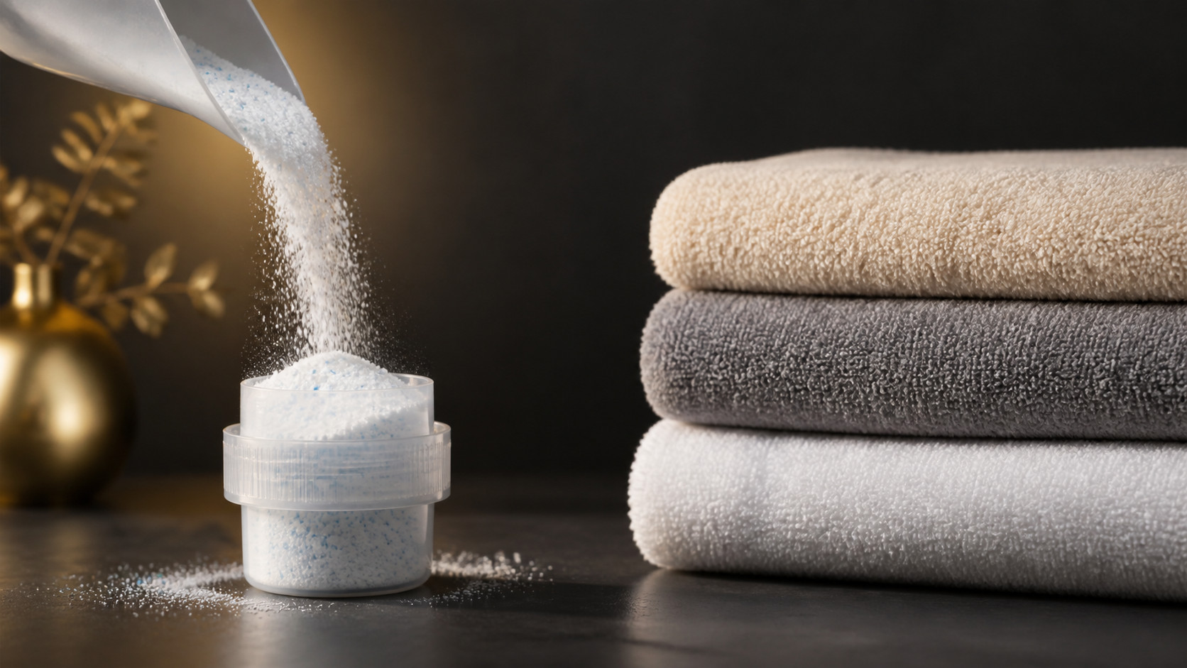 洗濯洗剤を計量カップに注ぐ使用イメージとたたんだタオル