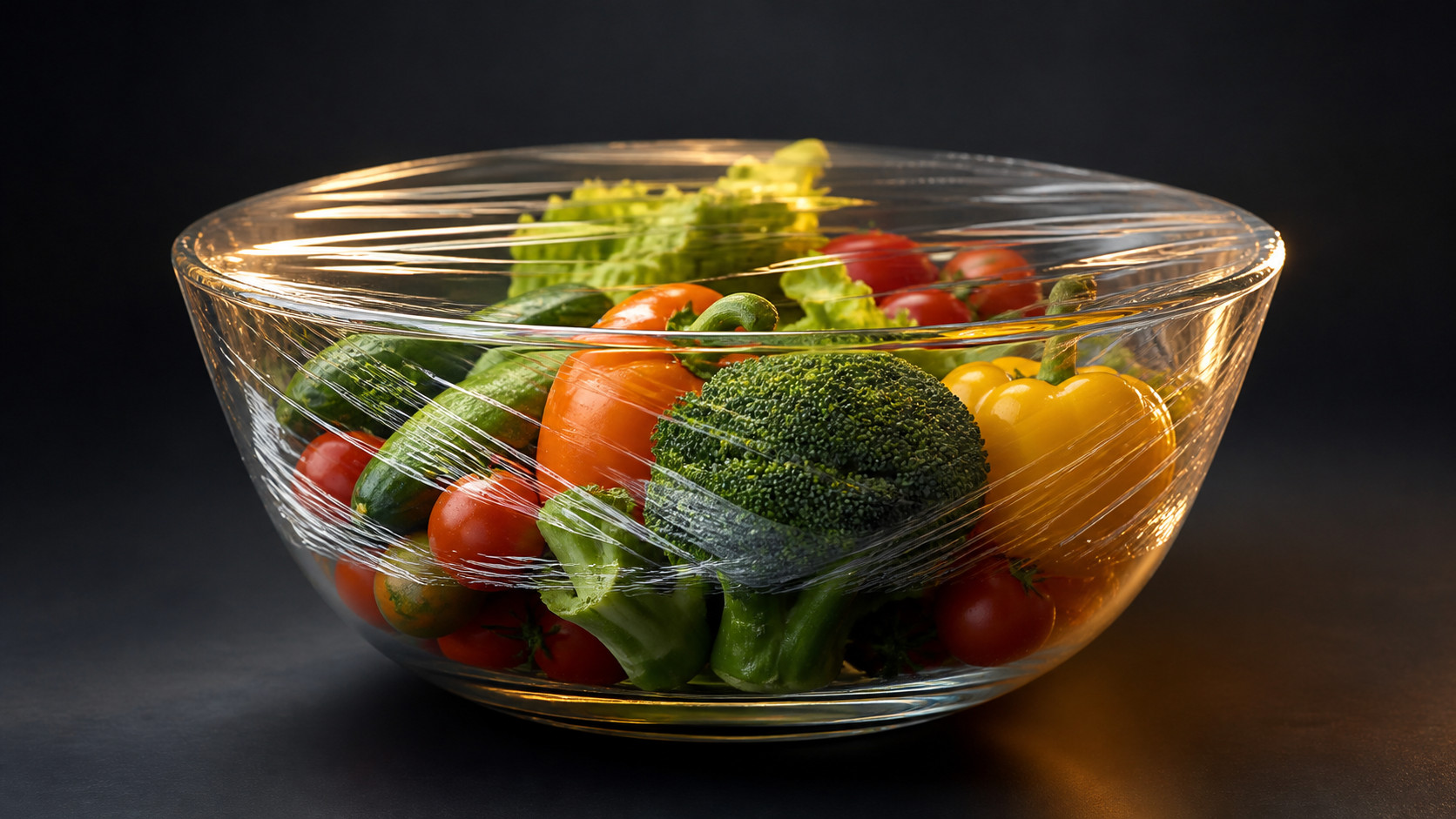 食品用ラップをかけたガラスボウルの使用イメージ