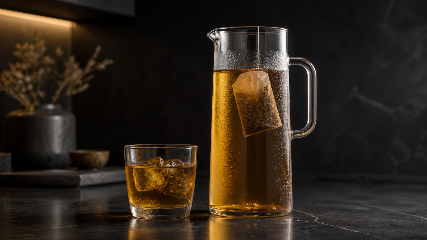 麦茶のティーバッグを入れた冷水ポットと、氷を入れたグラス（イメージ）