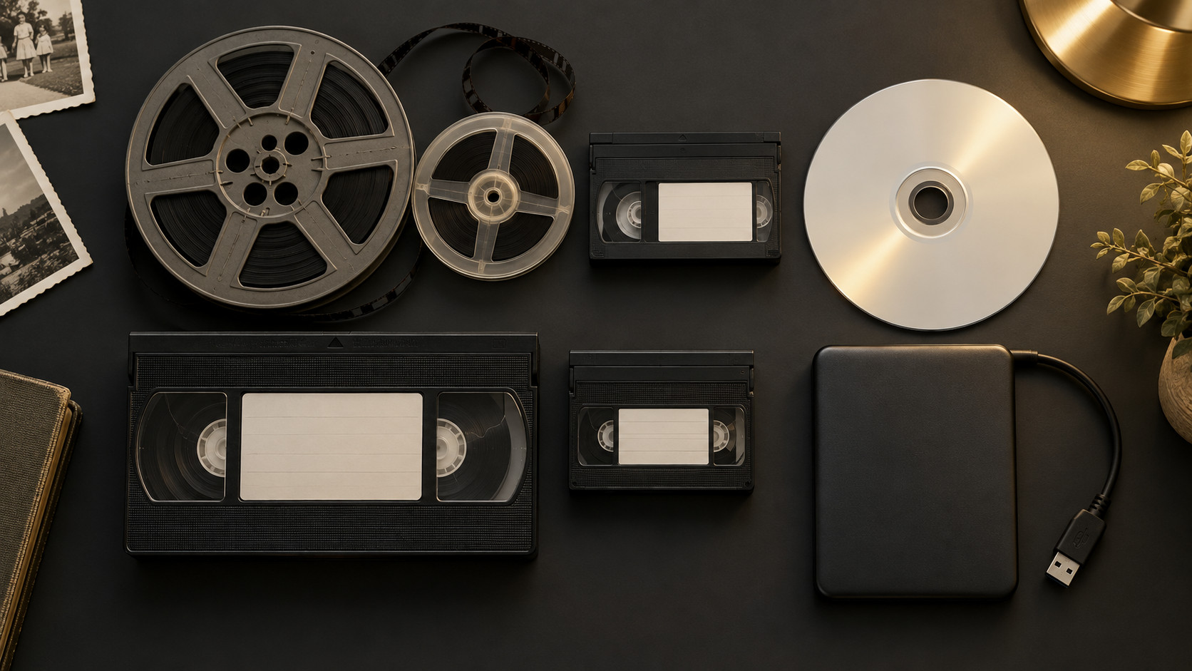 ダビング前の古いビデオテープと8mmフィルム、保存先のDVDと外付けハードディスクを並べた写真