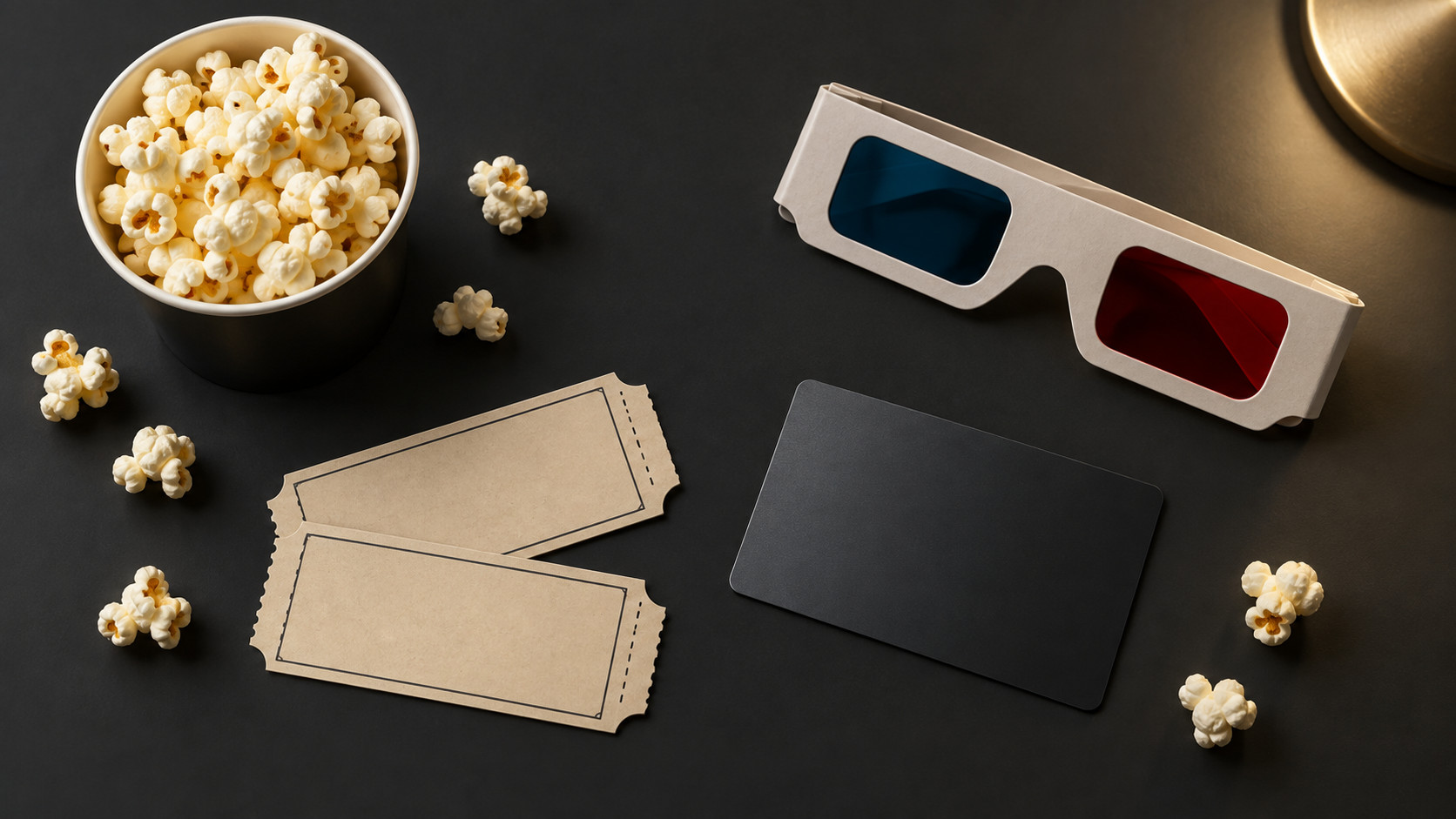 ダークな面に置いたクレジットカードと映画チケット(イメージ)