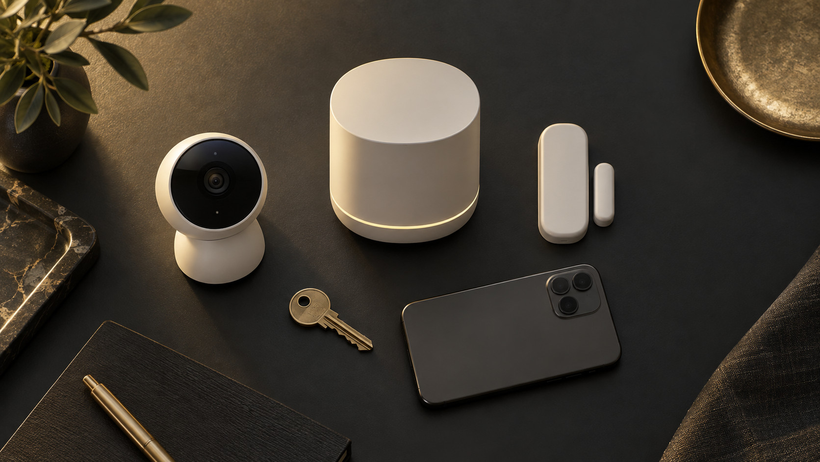 ダークな面に置いたスマートホーム機器一式（イメージ）