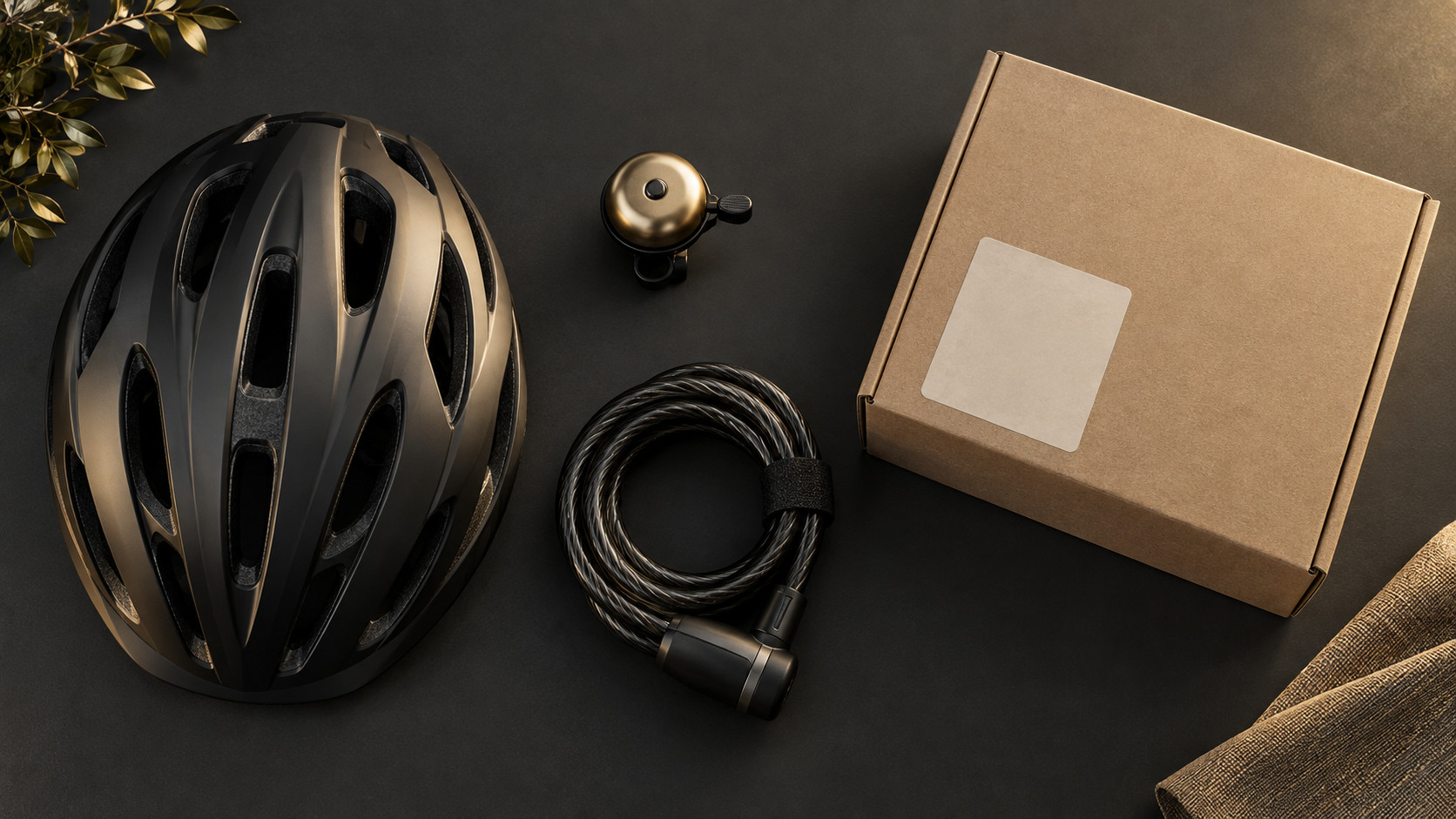 ダークな机の上に並べられた自転車用ヘルメット、ベル、鍵、折りたたんだ配送用ダンボール