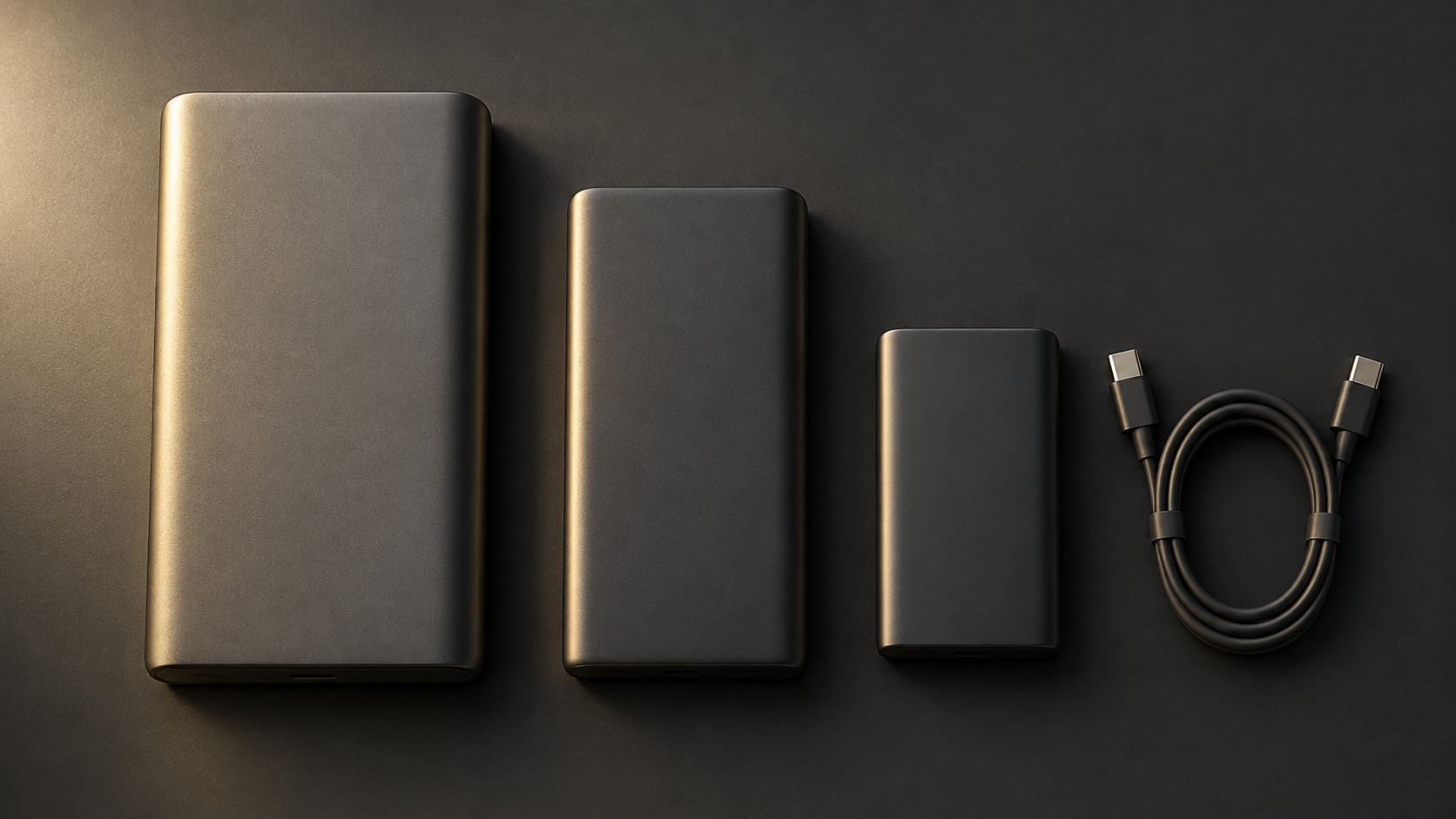 大きさの違うモバイルバッテリー3台とUSB-Cケーブルを上から写した写真