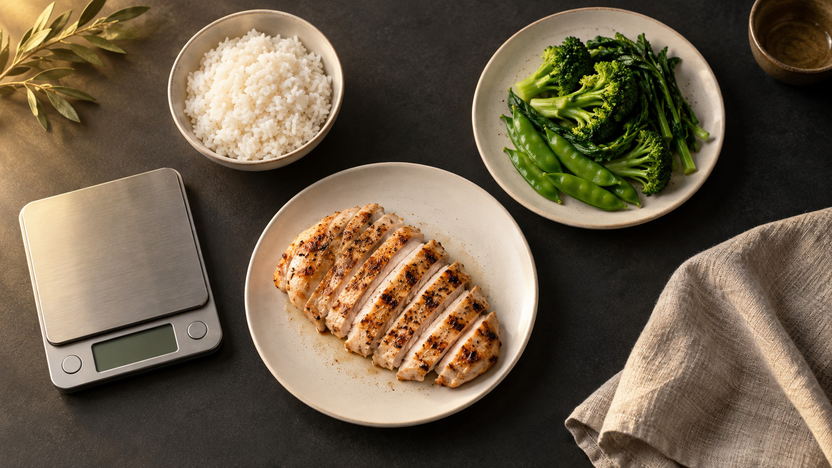 鶏むね肉とごはん、青菜を別々の皿に盛り、キッチンスケールを添えた食事の構成