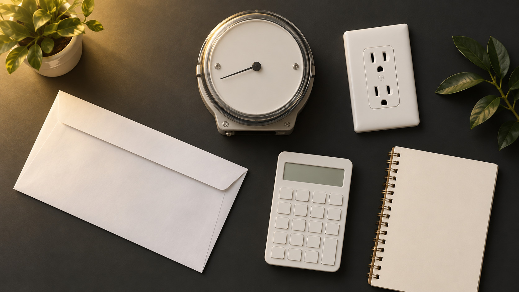 電気料金の見直しをイメージした、無地の請求書封筒・コンセントプレート・メーター・電卓を並べた写真
