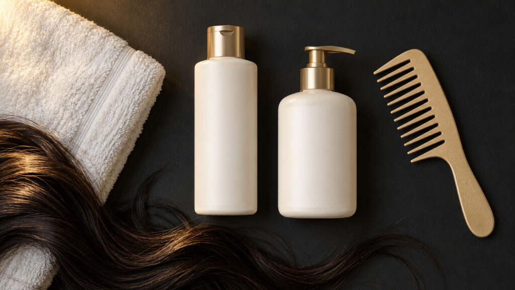 ヘアケアボトルとタオルのイメージ｜自宅でのヘアケアの選び方