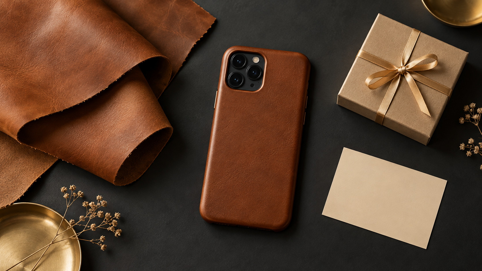 なめし革のスマートフォンケースとギフトボックス(革小物を贈るイメージ)