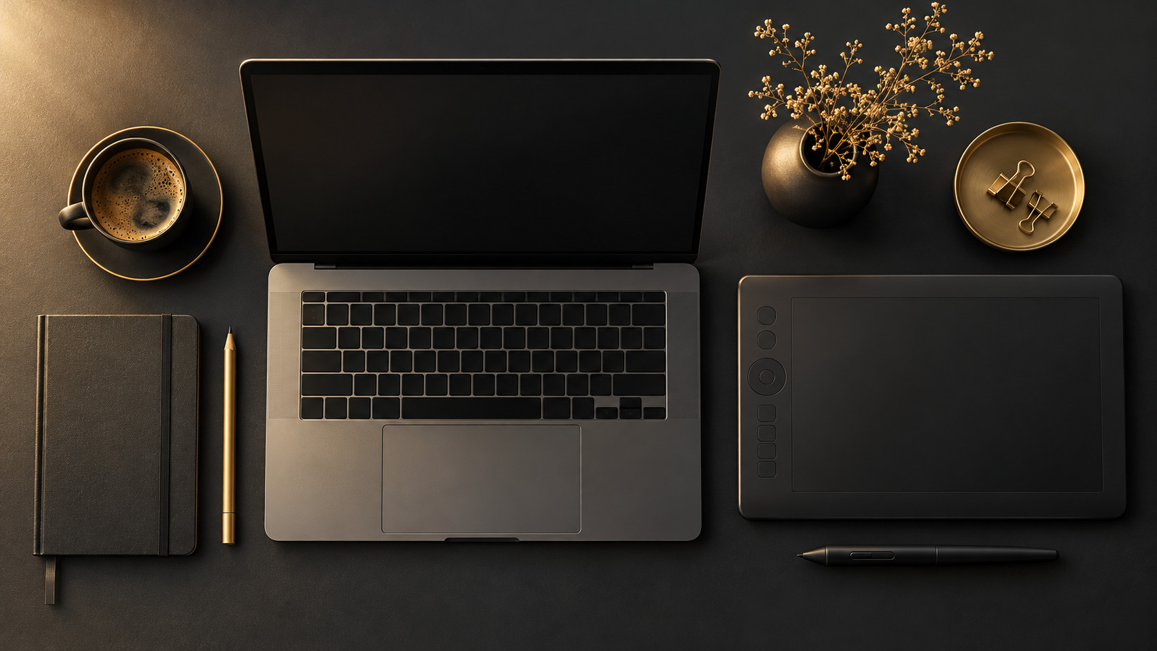 プレーンなノートPCとペンタブレット・ノート・鉛筆・コーヒーカップを並べた俯瞰写真